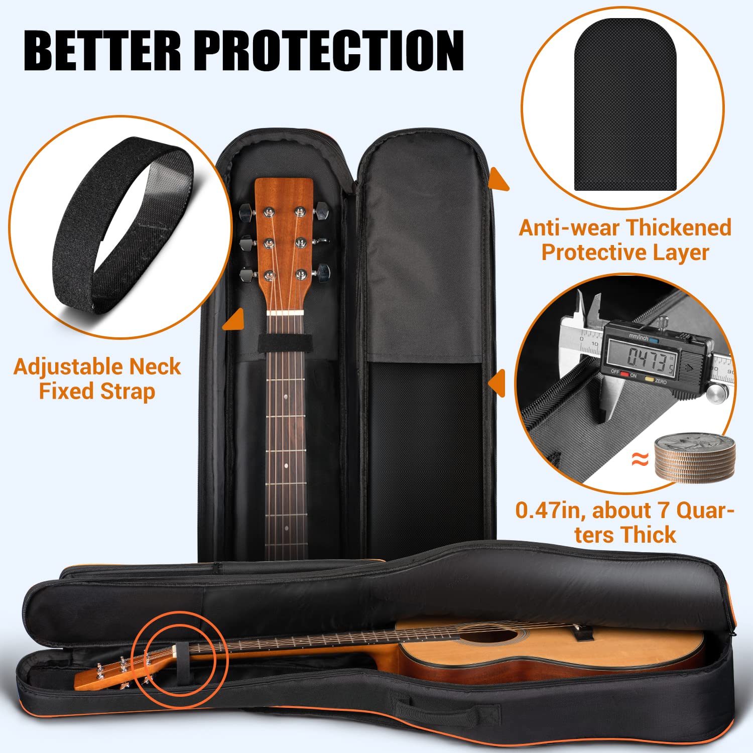 CAHAYA 44 Inch Guitar Bag for Dreadnought and Jumbo Orange Line Gig Bag 0.47in Thick Padding Water Resistent Adjustable Shoulder